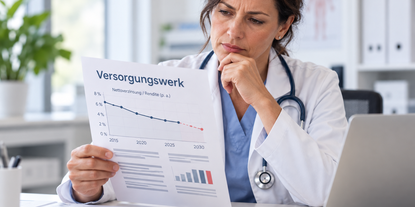 Ärztin liest über das Versorgungswerk – FORAIM – Bild mit KI erstellt